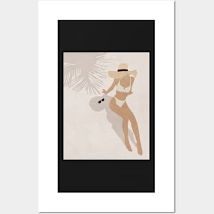 Woman, Girl, On the beach, Under palm, Hat, Boho style art, Mid century art Posters and Art